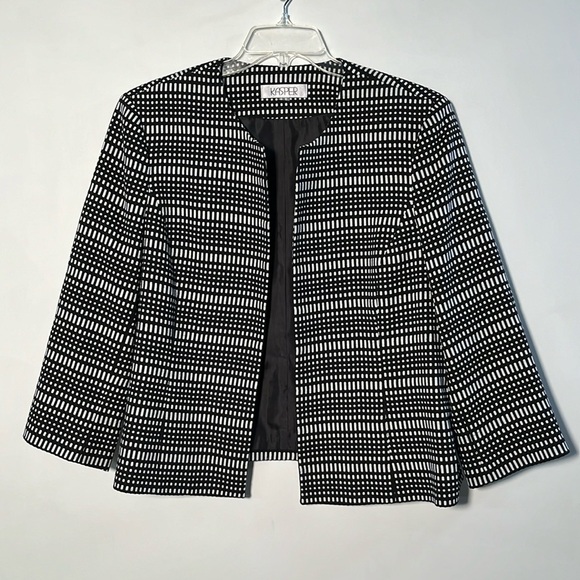 KASPER Geo Stripe Black/White Print 3/4 SLV Open Front Career Blazer Jacket 16 - Picture 1 of 16